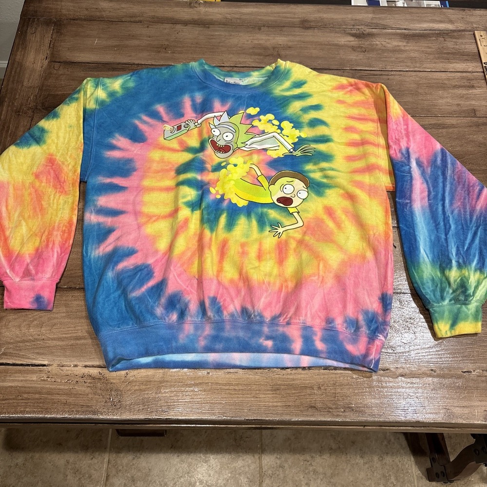 Rick And Morty Sweatshirt Men's Medium‎ Blue Pink Pullover Tie-Dye Long Sleeve